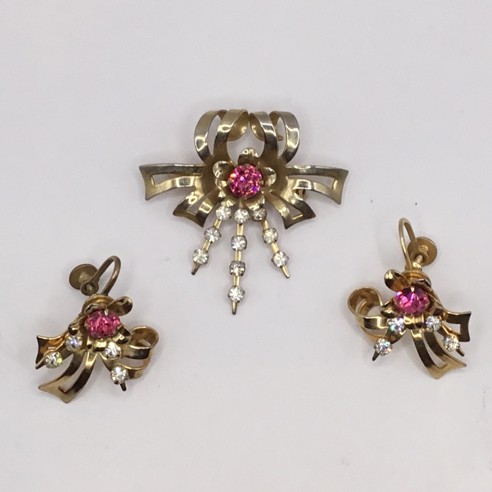 Vintage Pink Rhinestone Bow Ribbon Brooch/Pendant Earrings Set - Picture 3 of 10